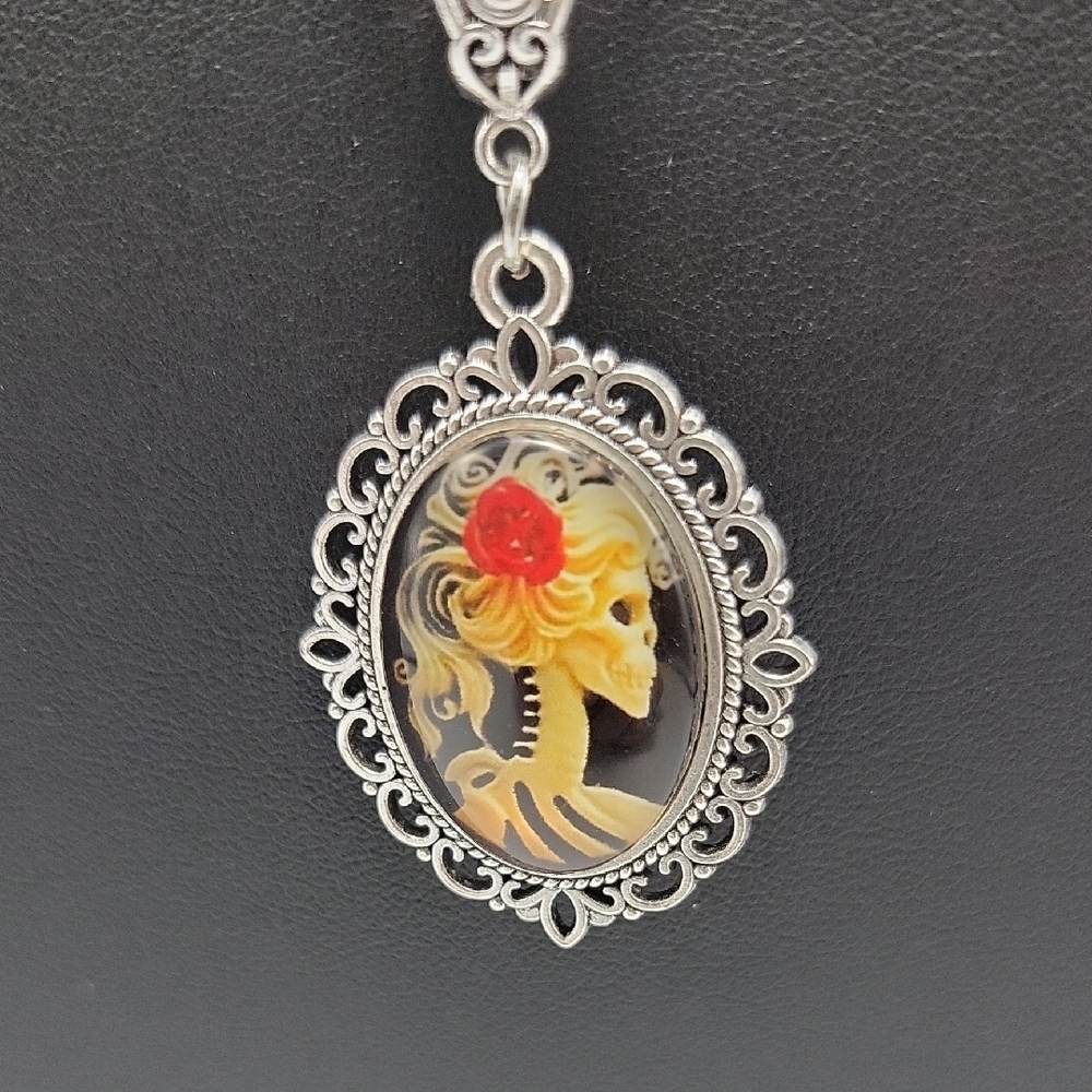 21" Silver Tone Lady Skeleton Cameo Death Pendant Necklace Goth Punk
